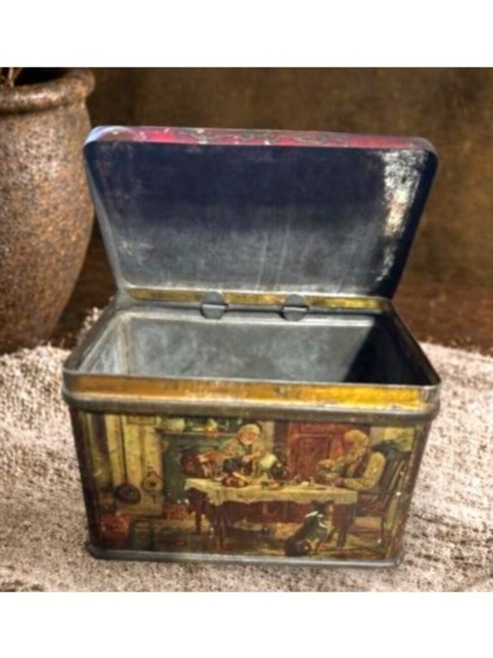 Antique English Cottage Tea Tin | Pride of Odessa Brand | Storybook Tea Scene |